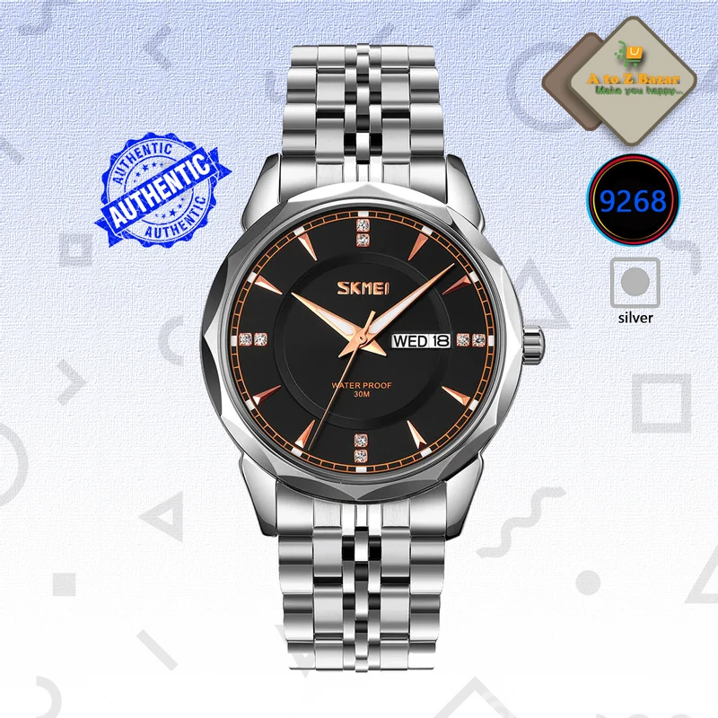 SKMEI 9268 Men Quality Stainless Steel Wristwatch – Silver Gold & Black